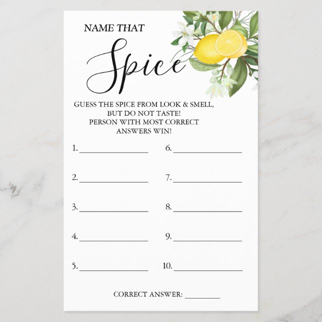 Lemony Name that Spice Bridal shower game card Flyer (Front)