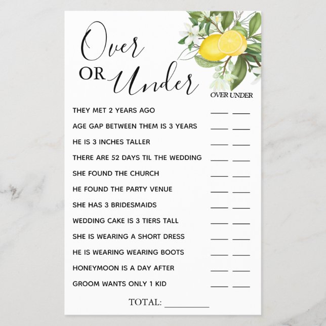 Lemony Over or Under Bridal shower game card Flyer (Front)