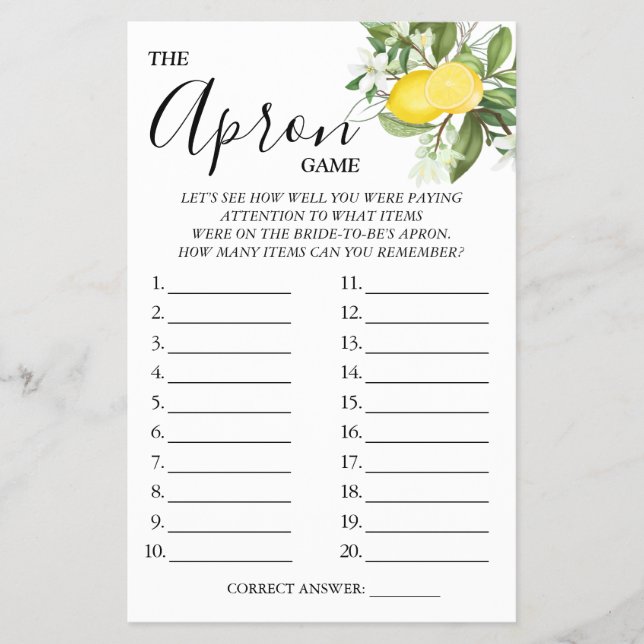 Lemony The Apron Bridal shower game card Flyer (Front)