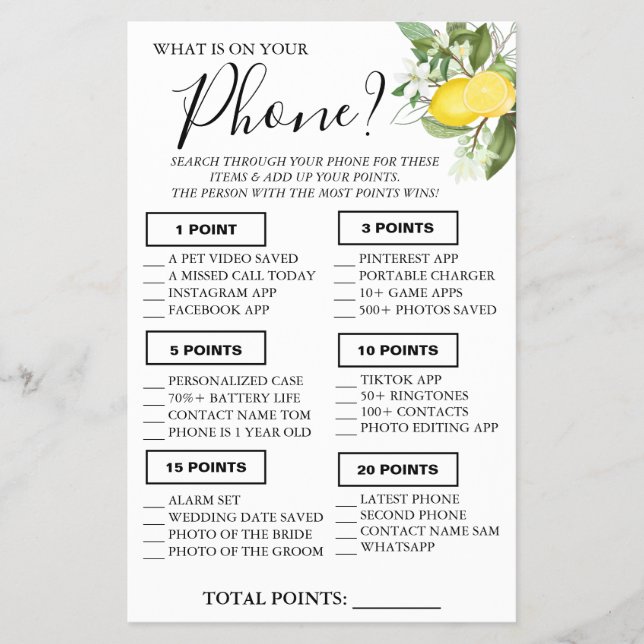 Lemony What is on your phone Shower game card Flyer (Front)