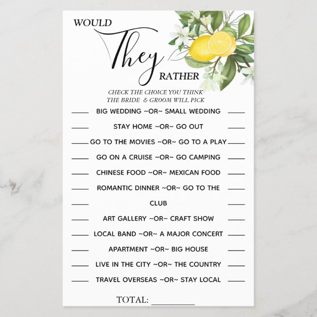 Lemony Would They Rather shower game card Flyer (Front)