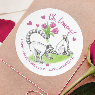 Lemur with Tulips Romantic Love Funny French Pun Classic Round Sticker