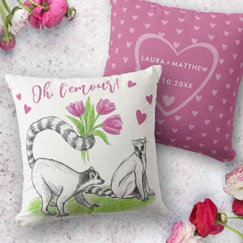 Lemur with Tulips Romantic Love Funny Quote Names Throw Pillow