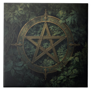 Lemurian Inspired Green Witch Pentacle With Plants Ceramic Tile
