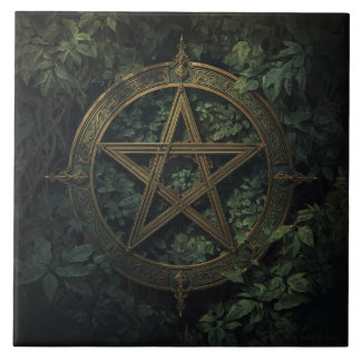 Lemurian Inspired Green Witch Pentacle With Plants Ceramic Tile