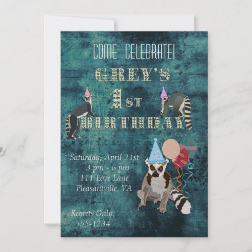 Lemurs Navy Birthday Invitation