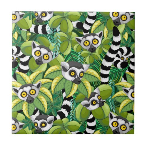 Lemurs of Madagascar in Exotic Jungle Ceramic Tile