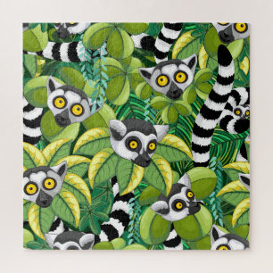 Lemurs of Madagascar in Exotic Jungle  Jigsaw Puzzle