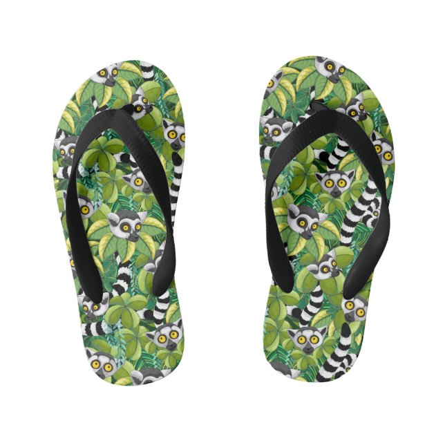 Lemurs of Madagascar in Exotic Jungle Kid's Flip Flops (Footbed)