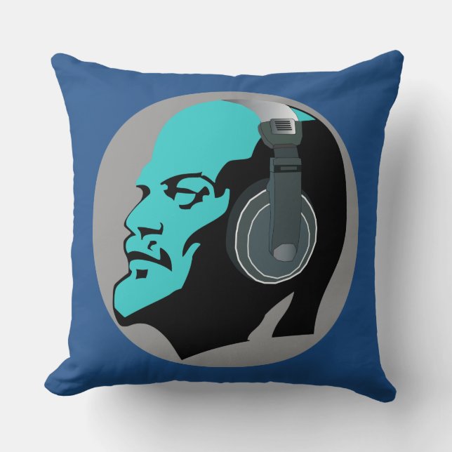 LENIN WITH HEADPHONES (BLUE DESIGN) Throw Pillow (Front)