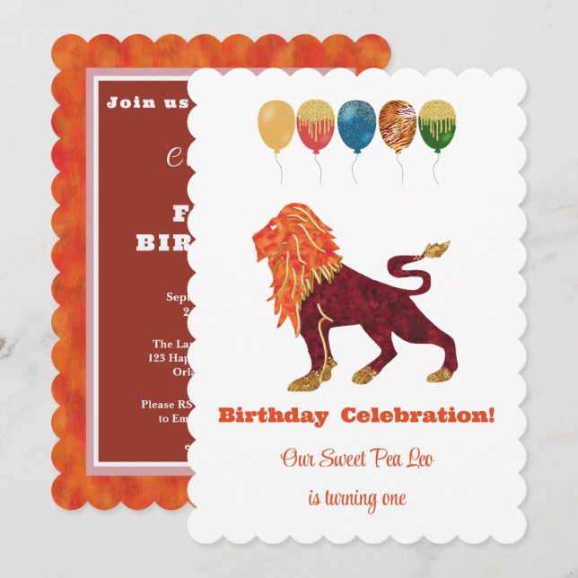 Leo 1st Birthday Impressionist Gold Glitter Invitation (Front/Back)