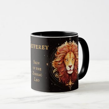 Leo Birthday Gift Add Name Black Gold Coffee Mug by Frasure_Studios at Zazzle