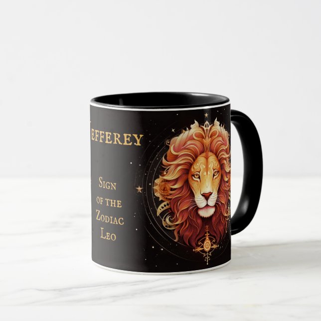 Leo Birthday Gift Add Name Black Gold Coffee Mug (Front Right)