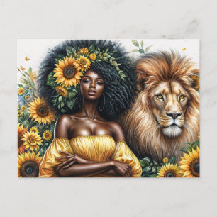 Leo Black Woman With Lion Sunflower Theme Postcard