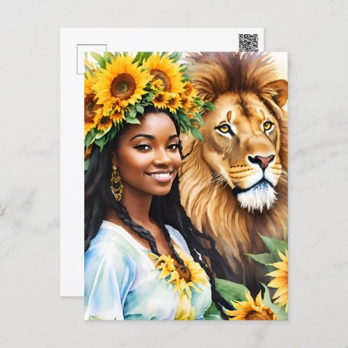Leo Black Woman With Sunflowers and Lion Postcard