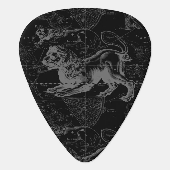 Leo Constellation Hevelius 1690 on Black Guitar Pick (Front)