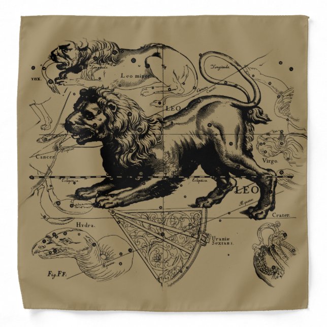Leo Constellation Map Hevelius 1690 on Taupe Bandana (Front)