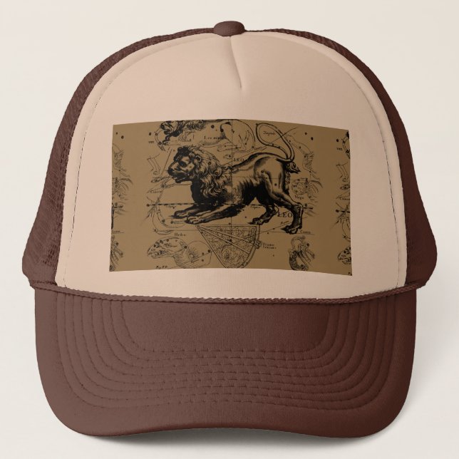 Leo Constellation Map Hevelius 1690 on Taupe Trucker Hat (Front)