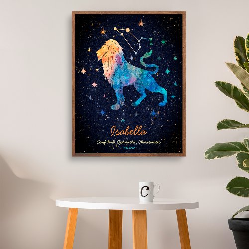 Leo Constellation Zodiac Watercolor Stars Galaxy Poster