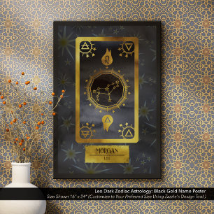 Leo Dark Zodiac Astrology: Black Gold Name Poster