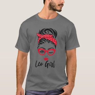 Leo Girl Messy Bun Leopard Bandana July Zodiac Sig T-Shirt