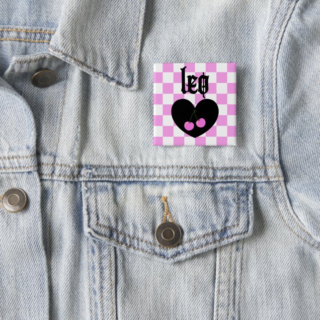 Leo Gothic Aesthetic Checkered Cherries Design Button (In Situ)