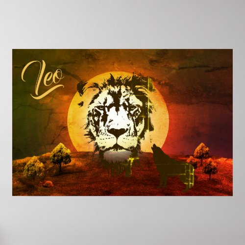 LEO  Lion Full Moon and Howling Wolf Poster