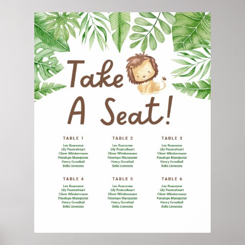 Leo Safari Baby Shower Seating Poster