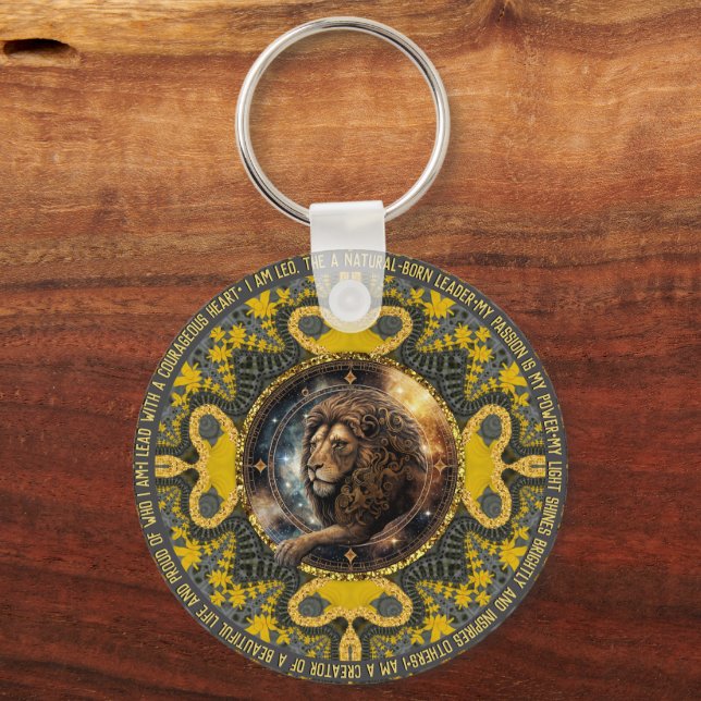Leo Sign Affirmations Gold Yellow Fractal Mandala Keychain (Front)