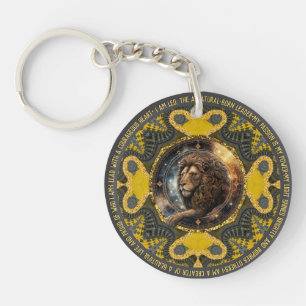 Leo Sign Affirmations Gold Yellow Fractal Mandala Keychain