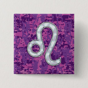 Leo Sign on Girly Pink Fuchsia Digital Camo Button