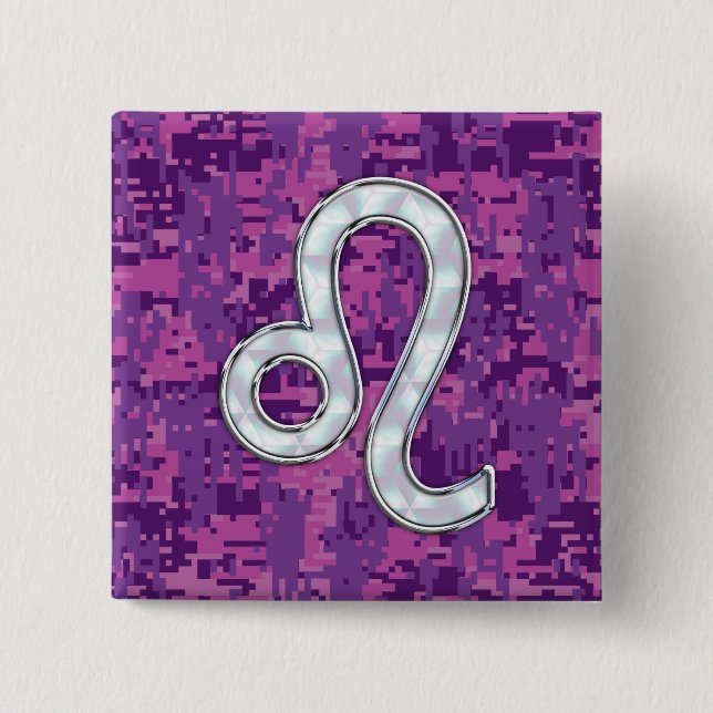 Leo Sign on Girly Pink Fuchsia Digital Camo Button (Front)