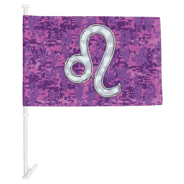 Leo Sign on Girly Pink Fuchsia Digital Camo Car Flag (Front)