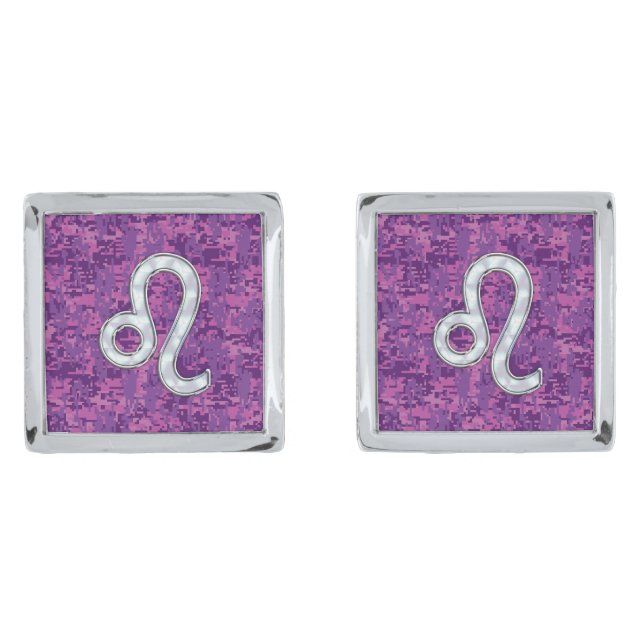 Leo Sign on Girly Pink Fuchsia Digital Camo Cufflinks (Front)