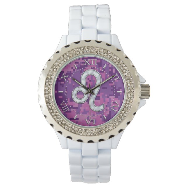 Leo Sign on Pink Fuchsia Camouflage Dial Watch (Front)