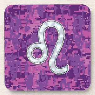 Leo Sign on Pink Fuchsia Digital Camouflage Beverage Coaster