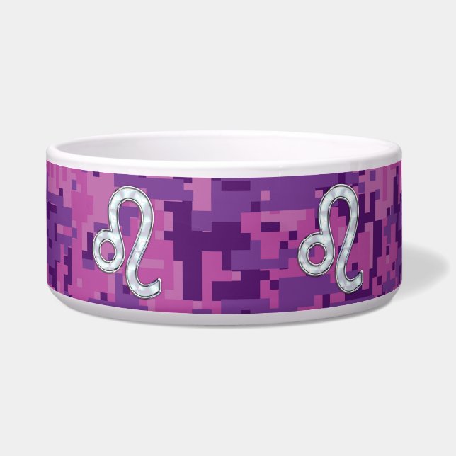 Leo Sign on Pink Fuchsia Digital Camouflage Bowl (Front)