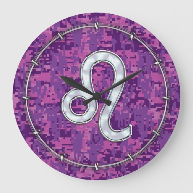 Leo Sign on Pink Fuchsia Digital Camouflage Large Clock (Front)