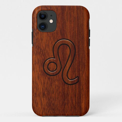 Leo Symbol in Mahogany Wood Style Decor iPhone 11 Case