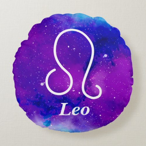 Leo Symbol Purple Blue Space Nebula Round Pillow
