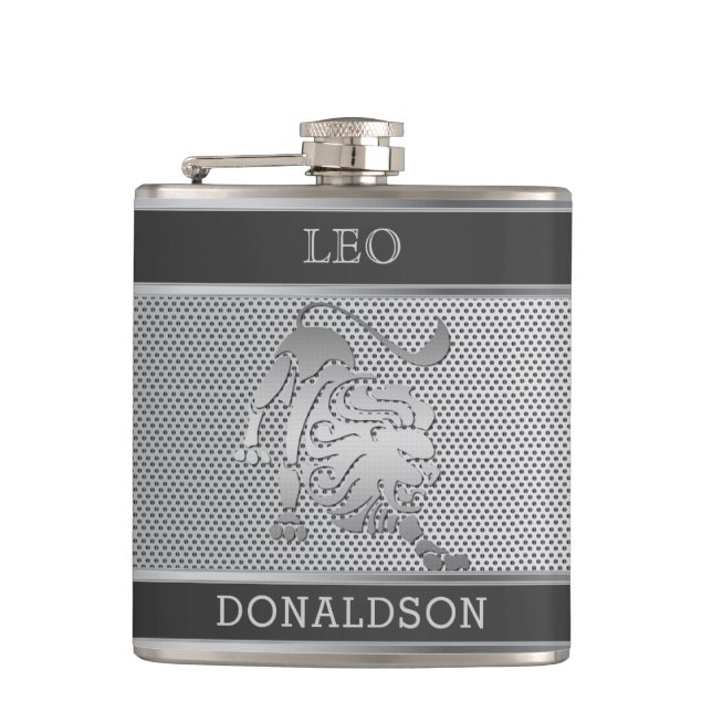 Leo the Lion in Black and Silver Mesh Flask (Front)