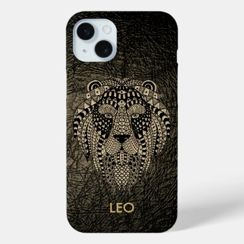 Leo the Lion on Leather and Gold iPhone 15 Plus Case