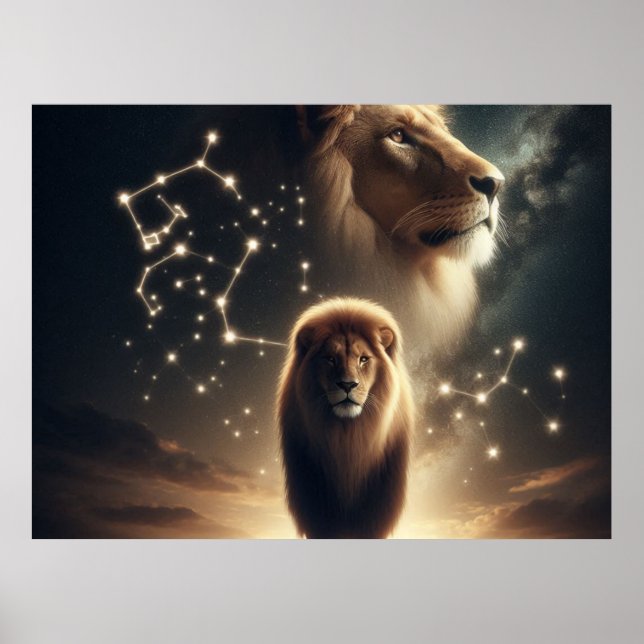 Leo Zodiac Art - Majestic Lion and Constellation.  Poster (Front)