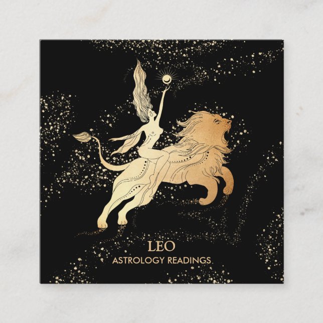 *~* LEO Zodiac Astrology Reading Black Gold Square Business Card (Front)