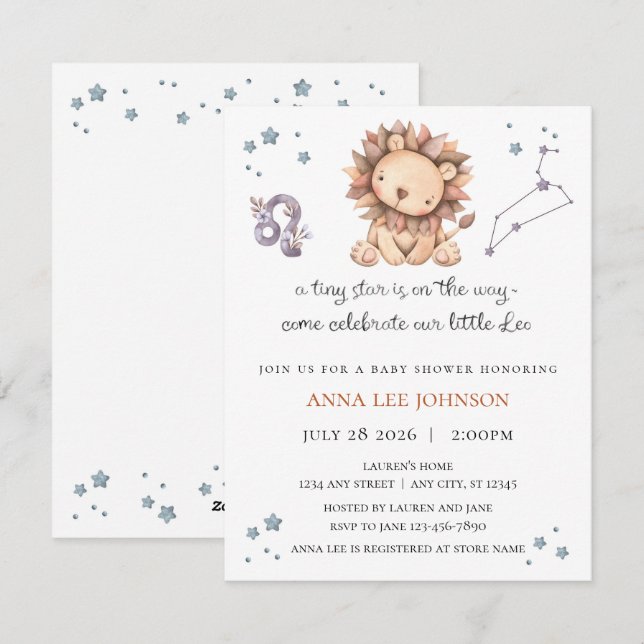 Leo Zodiac Baby Shower Invitation (Front/Back)