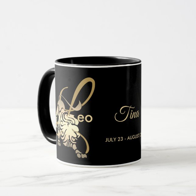 Leo ♌ Zodiac Birthday Sign  / Black and Gold Mug (Front Left)