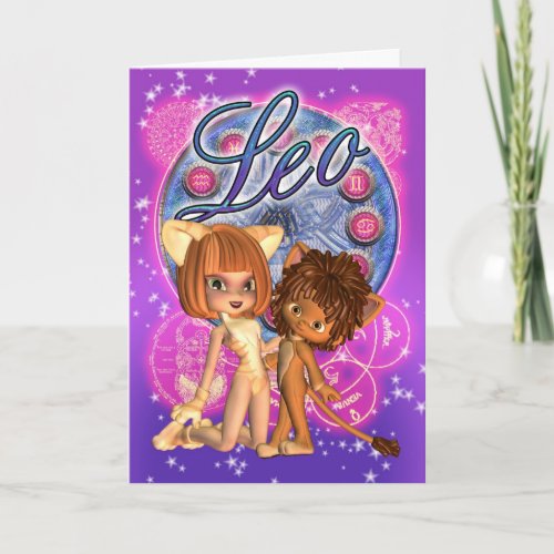 Leo Zodiac Card With Cute Lion And Cat Girl