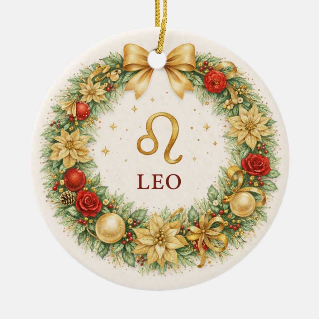 Leo Zodiac Christmas Ornament with Golden Winter Wreath