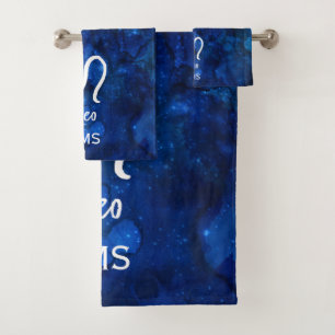 Leo Zodiac Constellation Dark Blue Galaxy Monogram Bath Towel Set