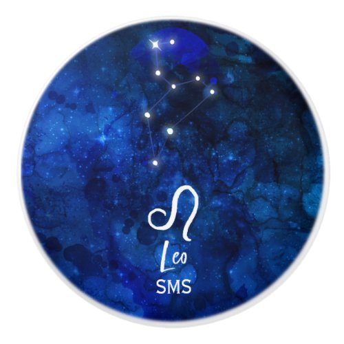 Leo Zodiac Constellation Dark Blue Galaxy Monogram Ceramic Knob
